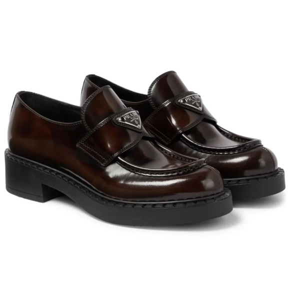 Prada Shoes - Prada Triangle Logo Fume Brown Black Platform Loafer Creeper Slip On Flat 41.5